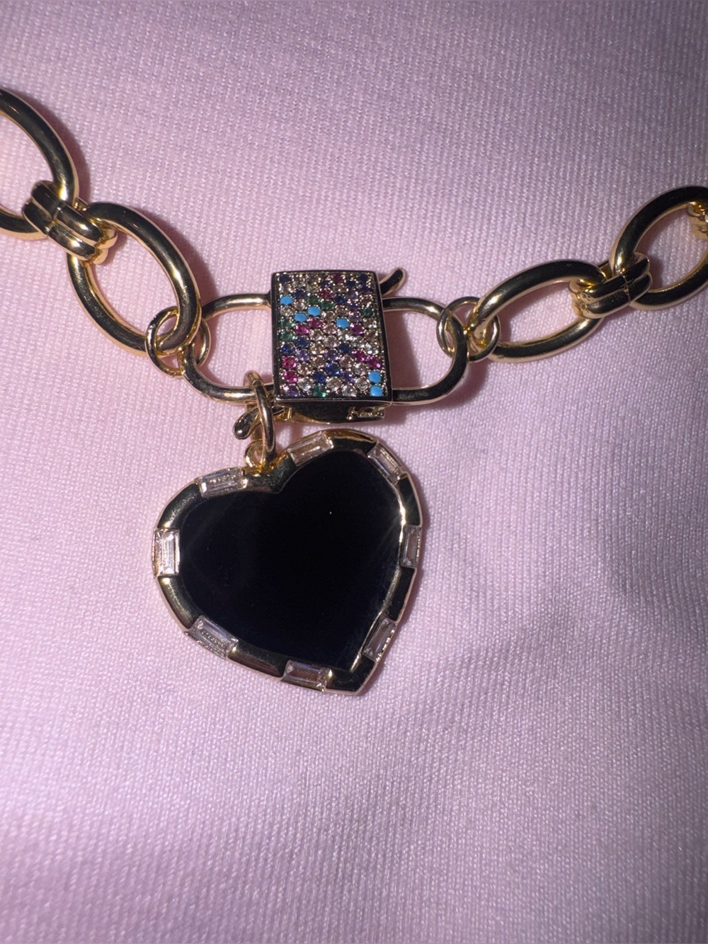 By Alexa Rae BAR Melania Clara Gold Chain Necklace Black Heart Pave Lock Pendant - Picture 2 of 2